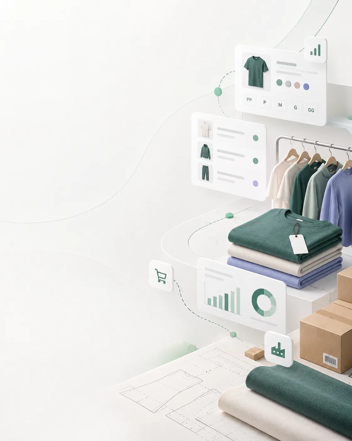 Folded and hanging clothes next to panels showing a size grid, orders and sales charts